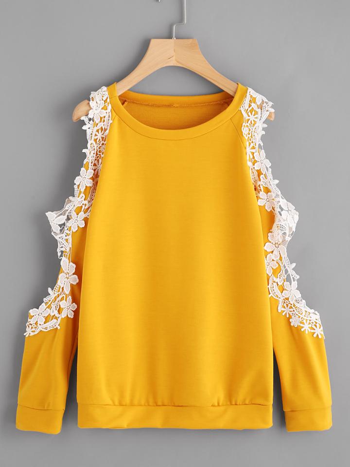 Shein Open Shoulder Lace Trim Sweatshirt