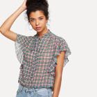Shein Tie Neck Butterfly Sleeve Plaid Top