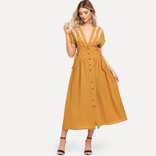 Shein Wide Waistband Flower Embroidered Button Up Dress