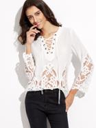 Shein White Lace Up V Neck Embroidered Lace Insert Top