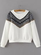 Shein White Crew Neck Chevron Print Sweatshirt