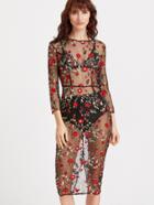 Shein Black 3/4 Sleeve Flower Embroidered Mesh Pencil Dress