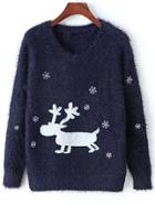 Shein Navy Round Neck Deer Snowflake Print Sweater