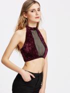 Shein Crushed Velvet Fishnet Insert Crop Halter Top