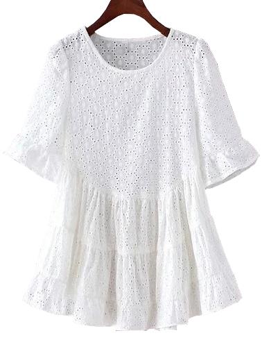 Shein White Holes Embroidery Bell Sleeve Fairy Blouse