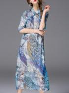 Shein Blue Peacock Print Split Cheongsam Dress