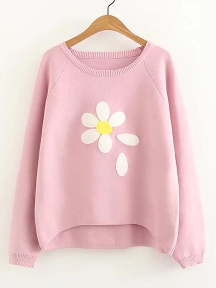 Shein Raglan Sleeve Dip Hem Flower Sweater