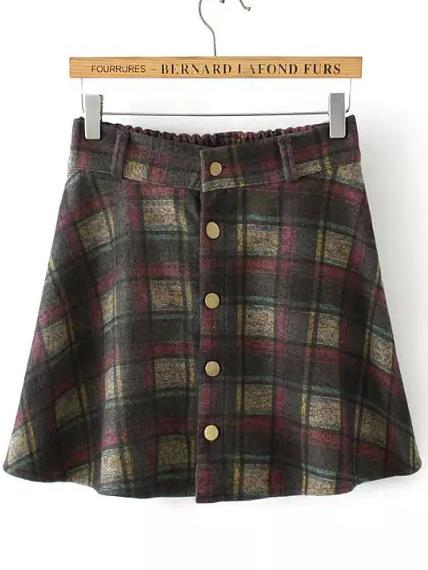 Shein Colour Elastic Waist Plaid Buttons Skirt
