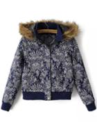 Shein Navy Faux Fur Hooded Floral Crop Jacket