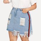 Shein Plus Striped Tape Side Distressed Denim Skirt