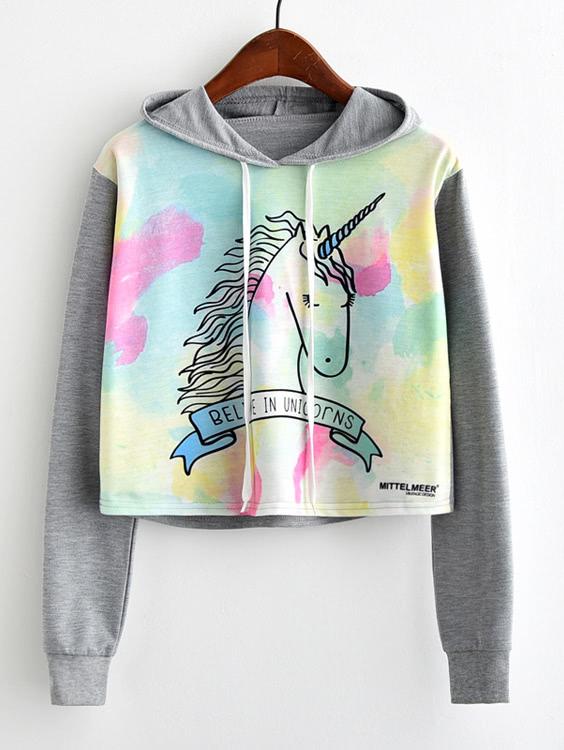 Shein Unicorn Print Contrast Sleeve Hoodie