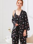 Shein Owl Print Cami Pajama Set With Robe