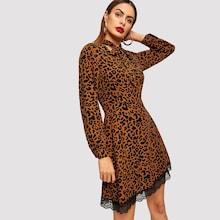 Shein Leopard Tie Neck Lace Panel Dress