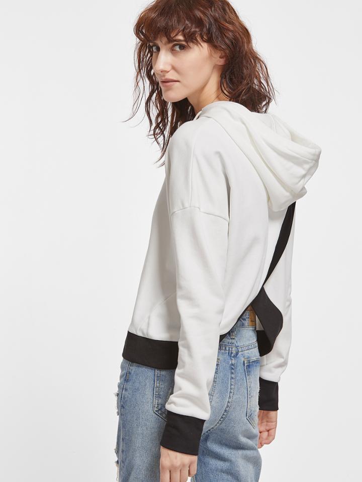Shein White Drop Shoulder Contrast Trim Split Back Hoodie