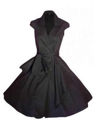 Rosewe Black Turndown Collar Belted Skater Dress