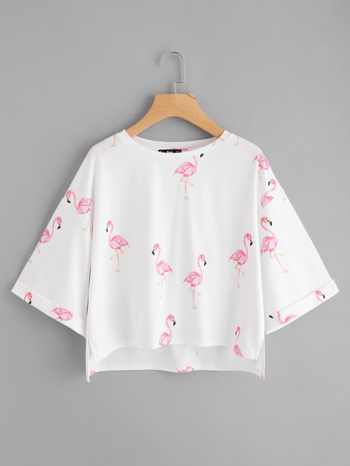 Shein Drop Shoulder Flamingo Print Step Hem Tee