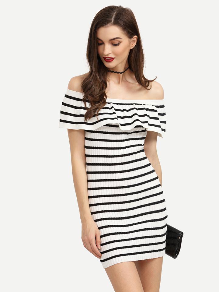 Shein Black White Striped Ruffled Off The Shoulder Dress