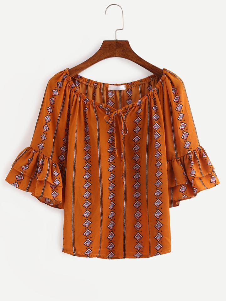 Shein Tie-neck Ruffled Sleeve Tribal Print Blouse - Brown
