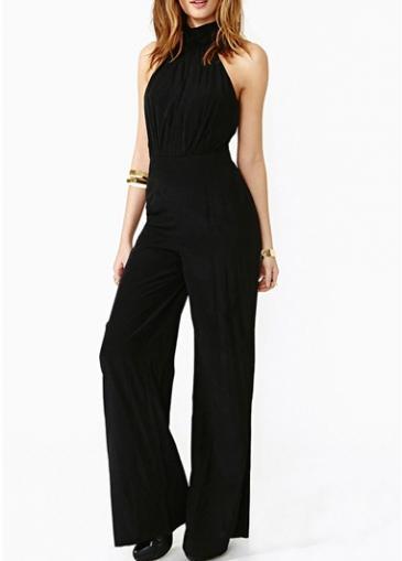 Rosewe Chic Open Back Halter Design Black Ankle Length Jumpsuit