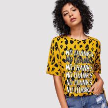 Shein Slogan Print Split Side Leopard Tee