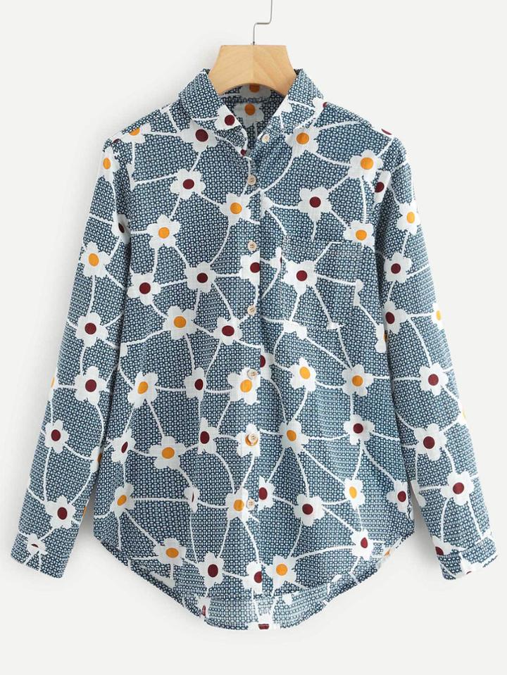 Shein Front Pocket Dolphin Hem Flower Blouse