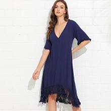 Shein V Neck Solid Tassel Hem Dress