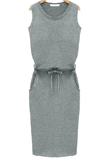 Shein Grey Knittet Sleeveless Drawstring Slim Pockets Dress