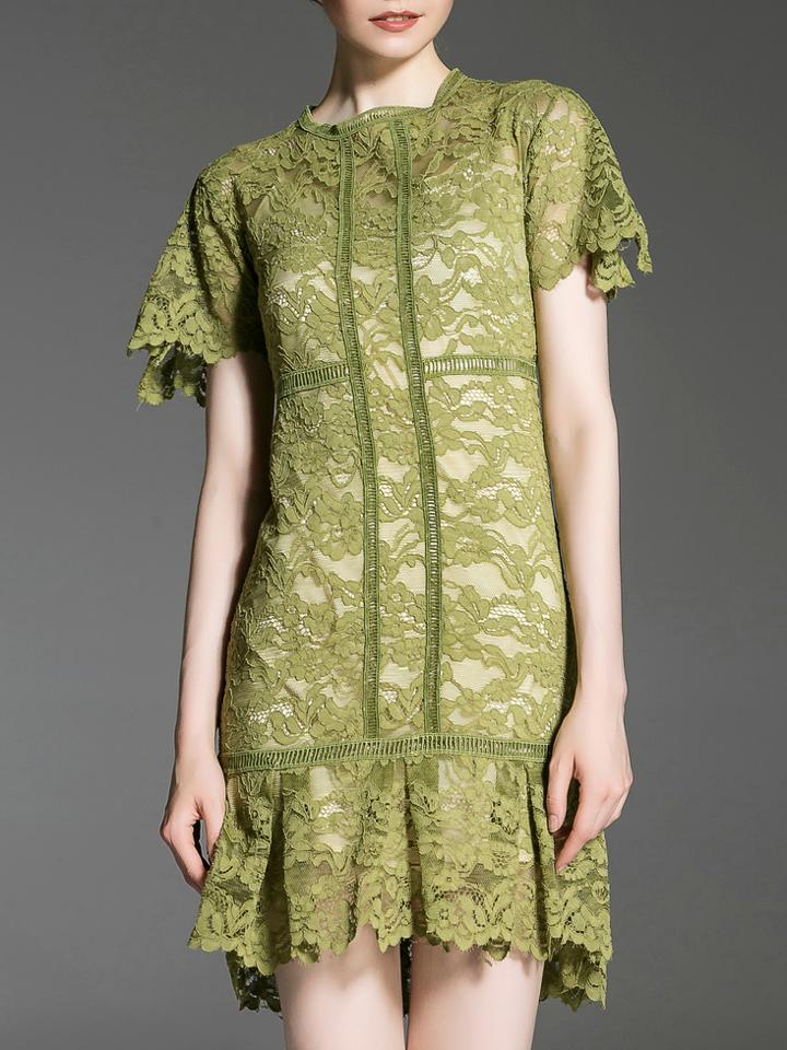 Shein Green Crew Neck Shift Lace Dress