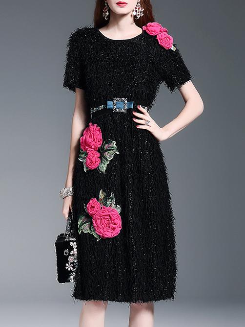 Shein Black Flowers Applique Belted Shift Dress