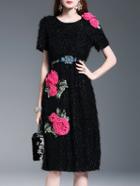 Shein Black Flowers Applique Belted Shift Dress
