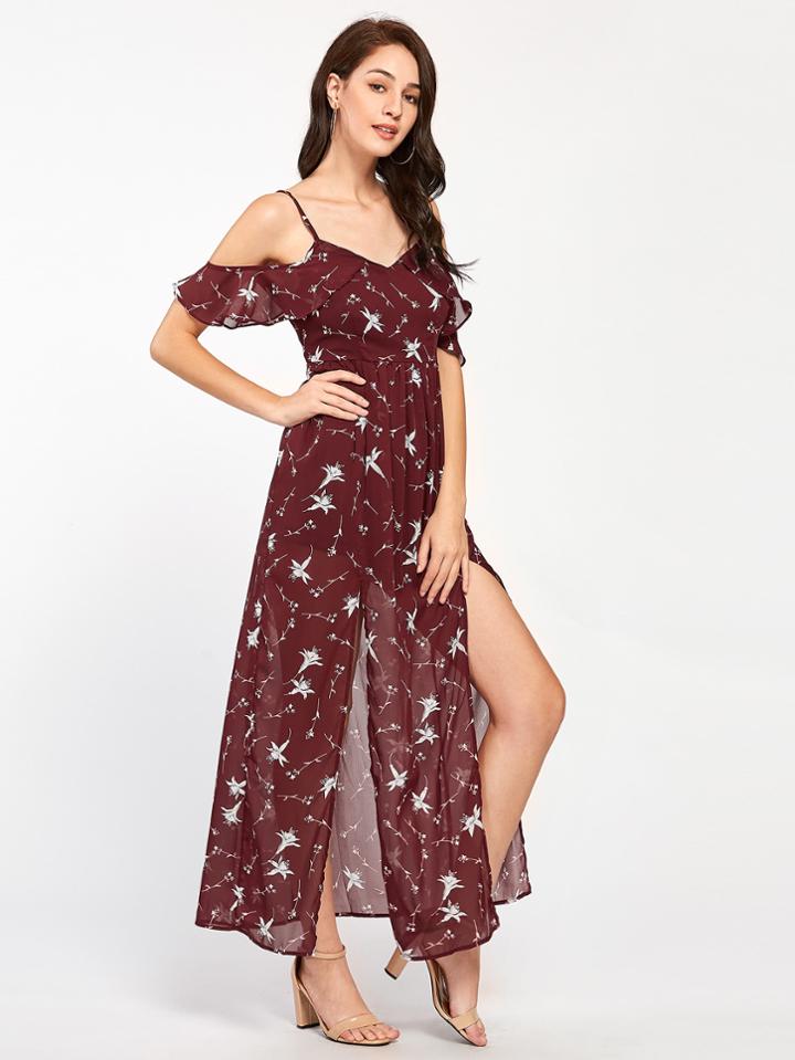 Shein Frill Trim M-slit Calico Print Dress