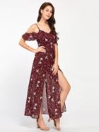 Shein Frill Trim M-slit Calico Print Dress