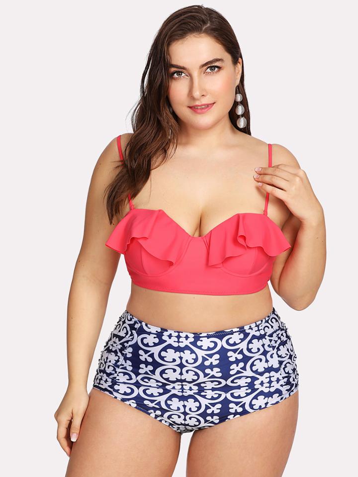 Shein Geometric Pattern Ruffle Bikini Set