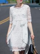 Shein White Crochet Hollow Out Bow Beading Combo Dress
