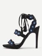 Shein Peep Toe Embroidery High Heeled Sandals With Tassel Tie