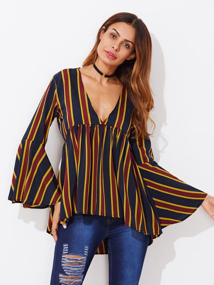 Shein V-neckline Fluted Sleeve Dip Hem Striped Blouse
