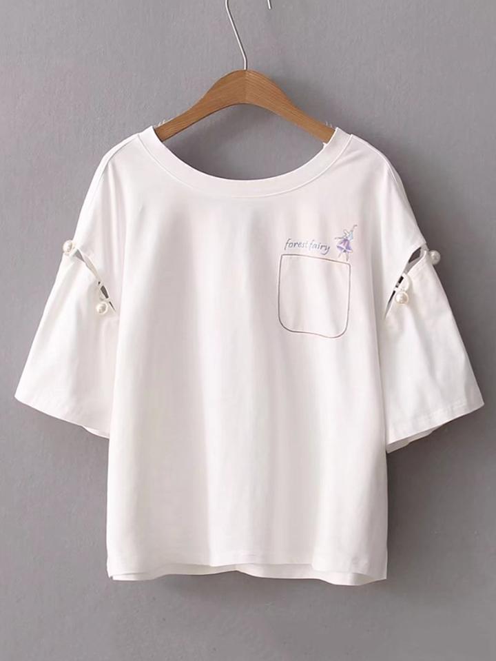 Shein Pearls Embellished Tee With Bow Detail
