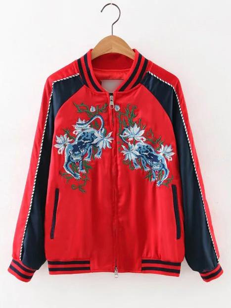Shein Red Rib-knit Cuff Embroidery Pockets Jacket