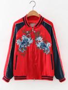 Shein Red Rib-knit Cuff Embroidery Pockets Jacket