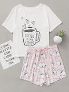 Shein Cups Print Top With Drawstring Waist Shorts Pajama Set