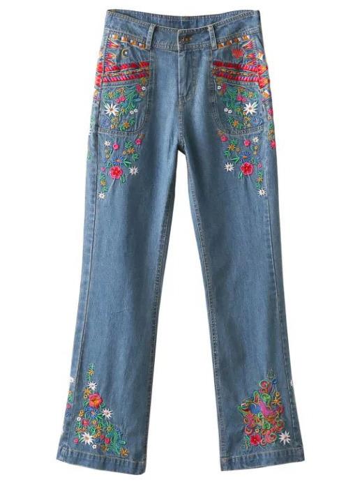 Shein Blue Embroidery Zipper Jeans