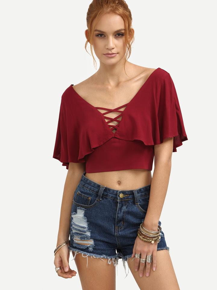 Shein Maroon Lattice Neck Open Back Ruffle Crop Top With Buttons