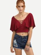 Shein Maroon Lattice Neck Open Back Ruffle Crop Top With Buttons