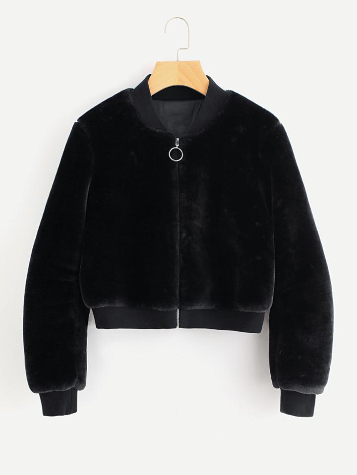 Shein Ribbed Trim Zip Up Fuzzy Jacket