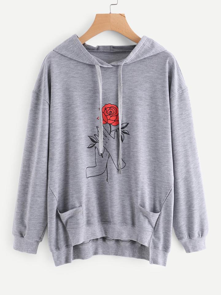 Shein Rose Print Dip Hem Hoodie