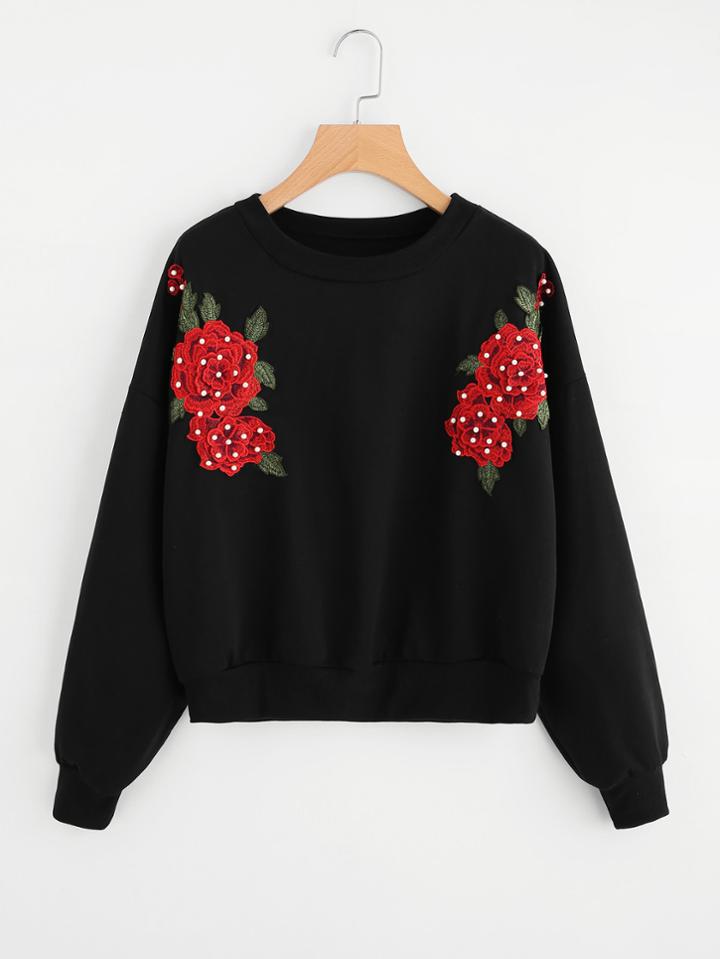 Shein Pearl Bead Rose Applique Sweatshirt