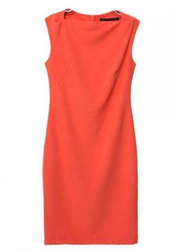 Rosewe Catching Boat Neck Woman Knee Length Dress Orange