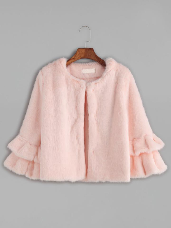 Shein Pink Tiered Ruffle Sleeve Faux Fur Coat