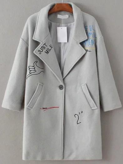 Shein Grey Letter Embroidery Single Button Coat
