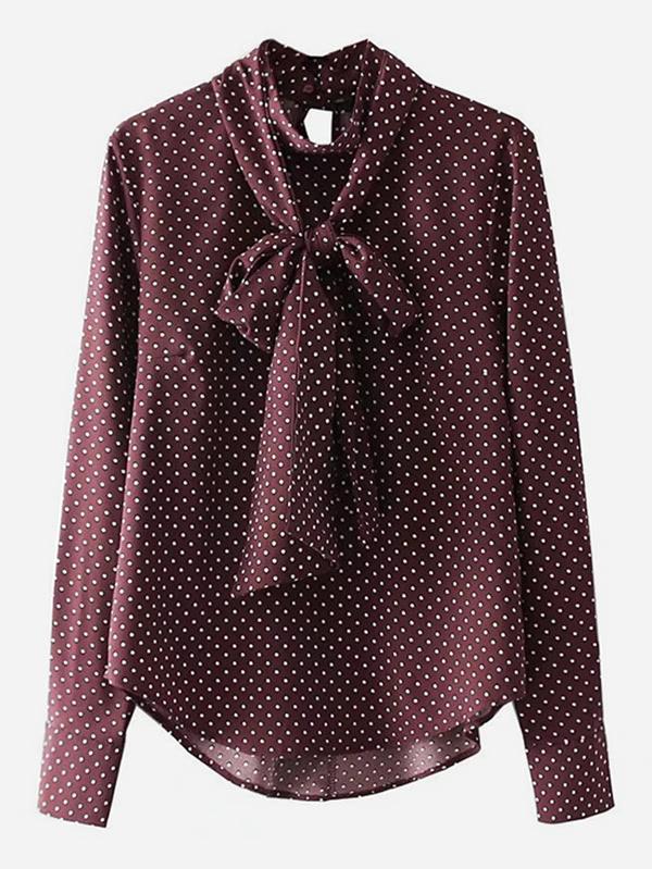 Shein Tie Neck Dolphin Hem Polka Dot Blouse